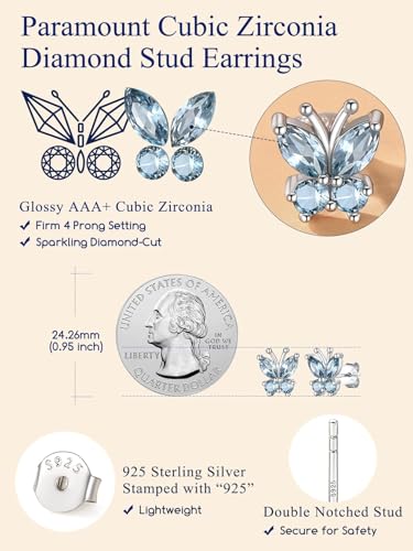 Suplight Butterfly Stud Earrings 925 Sterling Silver 14K Gold Brithstone Earrings for Women Brithstone Jewelry Gifts - color: 03.March( Aquamarine), size: Silver
