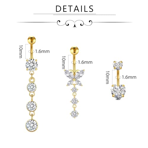 D.Bella Belly Rings for Women Belly Button Piercing Clicker Belly Button Ring Belly Button Rings Dangling 14G Surgical Steel CZ Butterfly Dangle Belly Piercing Jewelry Silver Rose Gold - color: B -Gold