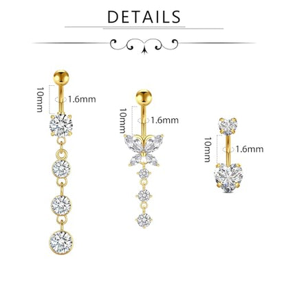 D.Bella Belly Rings for Women Belly Button Piercing Clicker Belly Button Ring Belly Button Rings Dangling 14G Surgical Steel CZ Butterfly Dangle Belly Piercing Jewelry Silver Rose Gold - color: B -Gold