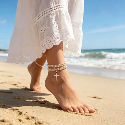 Cross Ankle Bracelet for Women Double Layer Crystal Tennis Chain Anklets Bling Cross Anklets Boho Summer Beach Foot Bracelet - color: gold