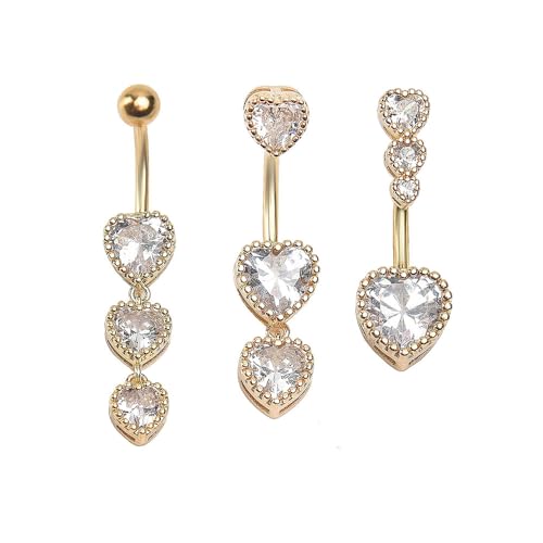3Pcs 14G Stainless Steel Dangle Belly Button Rings Cubic Zirconia Heart Star Round Belly Navel Barbell Rings Belly Piercing Jewelry for Women - style: Gold Heart
