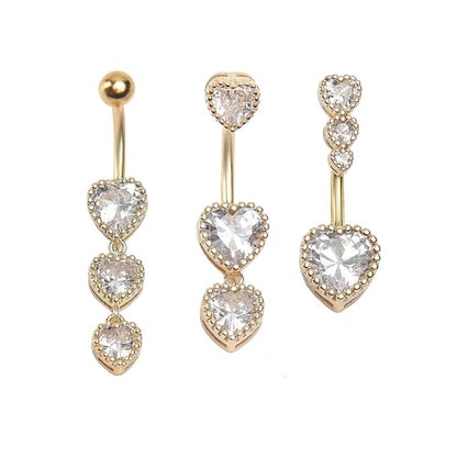 3Pcs 14G Stainless Steel Dangle Belly Button Rings Cubic Zirconia Heart Star Round Belly Navel Barbell Rings Belly Piercing Jewelry for Women - style: Gold Heart