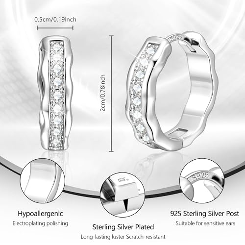 Silver Hoop Earrings, Small Chunky Silver Shiny Cubic Zirconia Twisted Hoop Earrings for Women Trendy Hypoallergenic Lightweight Thick Wave Huggie Earing Jewelry for Women Gifts in Box - color: Sliver
