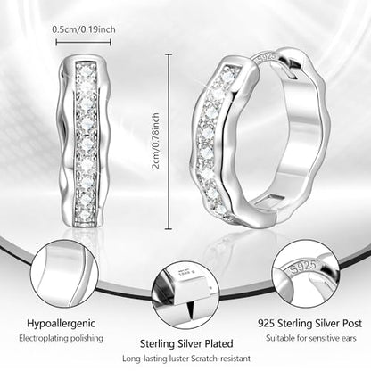 Silver Hoop Earrings, Small Chunky Silver Shiny Cubic Zirconia Twisted Hoop Earrings for Women Trendy Hypoallergenic Lightweight Thick Wave Huggie Earing Jewelry for Women Gifts in Box - color: Sliver
