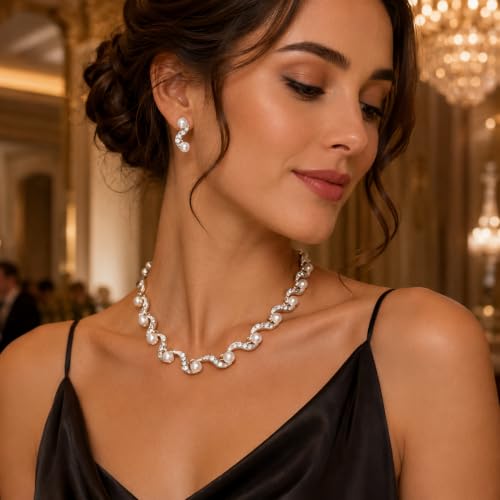 Wavy Pearl Necklace for Women, Rhinestone Crystal Accented Faux Pearl Choker Jewelry Set, Adjustable Statement Necklace for Party Wedding Anniversary