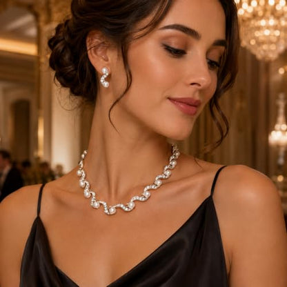 Wavy Pearl Necklace for Women, Rhinestone Crystal Accented Faux Pearl Choker Jewelry Set, Adjustable Statement Necklace for Party Wedding Anniversary