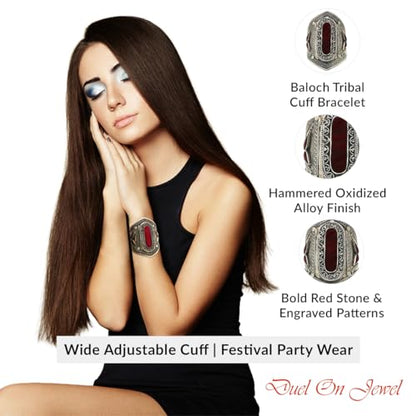 Afghan Baloch Tribal Wide Adjustable Cuff Bracelet for Women, Handmade Oxidized Alloy Wrist Cuff with Engraved Kuchi Inspired Design, Statement Bohemian Festival Jewelry, 0.8 to 3.5 Inch - style: Baloch Garnet Red