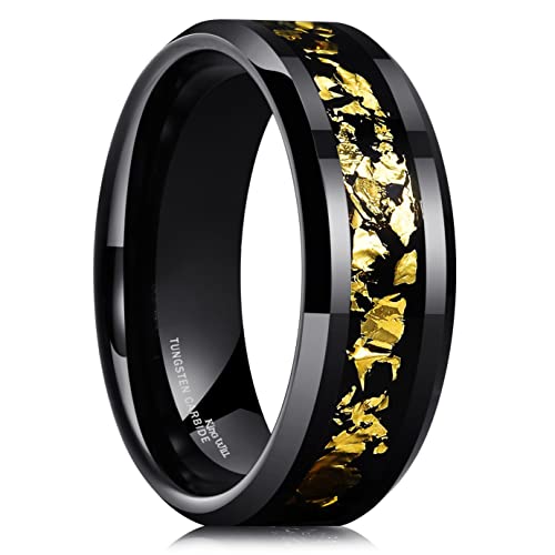 King Will Mens Wedding Band with Foils Inlay, Black/Silver/Gold | Black, 6mm/8mm, Beveled Edge, Comfort Fit, Glowstone Ring, Everyday Wear - color: Black&Gold-8mm