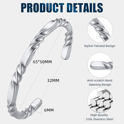 Hisatan Stainless Steel Mens Cuff Bracelet, Minimal Twist Cool Antique Retro/Silver/Black Open Metal Cuff Bangle Bracelets for Men, 65/70mm - color: Silver