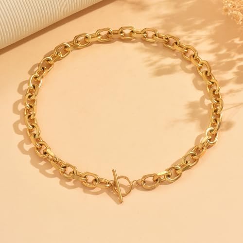 Chunky Gold Necklace for Women, 18K Gold Plated Paperclip, Figaro Link Chain Necklace, Toggle Clasp Necklaces, Trendy Non Tarnish Jewelry, Christmas Gifts - style: 10mm Cable Toggle 16.5''-Gold