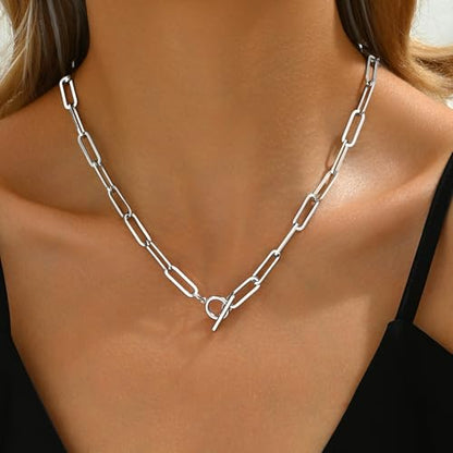 Chunky Gold Necklace for Women, 18K Gold Plated Paperclip, Figaro Link Chain Necklace, Toggle Clasp Necklaces, Trendy Non Tarnish Jewelry, Christmas Gifts - style: Paperclip Toggle 17.7''-White Gold