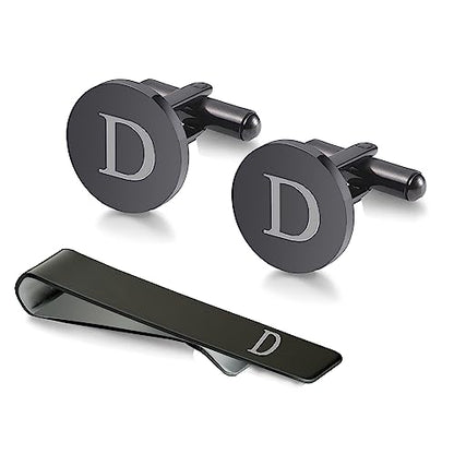 WIGERLON Initial Cufflinks and Tie Clip Set for Men,Stainless steel Letter Cuff Links and Tie Bar Set gift for Father Husband Son Boyfriend - style: D-Black