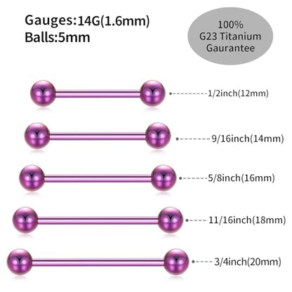 PEAKLINK Internally Threaded Nipple Rings Titanium Nipple Bars Piercing Jewelry 1 Pair Tongue Rings Eyebrow Jewelry Bridge Piercings - color: Purple Nipple Straight Barbell