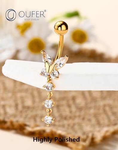 OUFER Gold Belly Button Ring, 14G Butterfly Dangle Belly Button Piercing, Pave Clear CZ Belly Rings, 316L Surgical Steel Navel Belly Piercing Jewelry For Women - style: CZ Dangle
