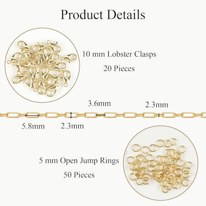 Jabogrii 32.8 Feet Gold Plated Brass Paperclip Oval Link Jewelry Chain Roll | Handmade Permanent Necklace Bracelet DIY Craft Chain Bulk for Jewelry Making - color: Paperclip Gold