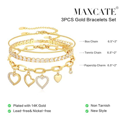 3PCS Charm Gold Bracelets for Women Non Tarnish,14k Plated Gold Bracelet Stack Cute Dainty Stackable Trendy Bow Cross Clover Bracelets Set Tarnish Free Gold Jewelry for Women Gifts - color: Heart-Gold