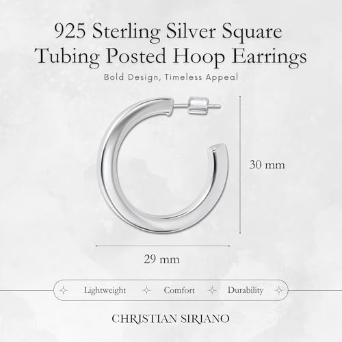 18K Gold Plated Sterling Silver Earrings for Women – Pure & Polished, Twist, Square, Hinged Tube, Abstract & Heart Shape Hoops – Lightweight, Hypoallergenic, Non-Tarnish Jewelry (Sizes: 3x35mm-46x30mm) - color: Silver, size: Square Tubing Hoop (4x40mm)