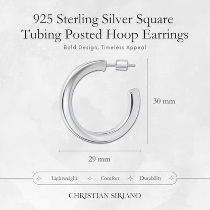 18K Gold Plated Sterling Silver Earrings for Women – Pure & Polished, Twist, Square, Hinged Tube, Abstract & Heart Shape Hoops – Lightweight, Hypoallergenic, Non-Tarnish Jewelry (Sizes: 3x35mm-46x30mm) - color: Silver, size: Square Tubing Hoop (4x40mm)