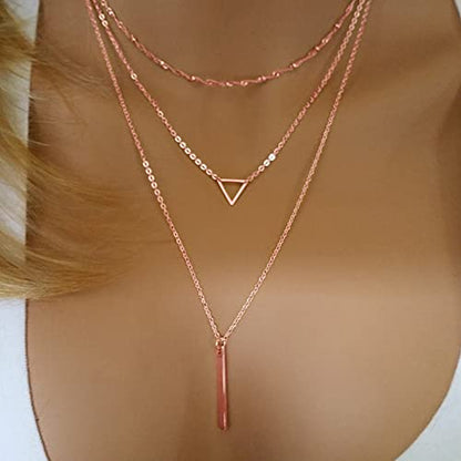 Turandoss Gold Layered Necklaces for Women - 14K Gold Plated Handmade Multilayer Bar Pearls Coin Disc Moon Butterfly Medallion Adjustable Dainty Layered Choker Necklaces for Women Jewelry - style: 3PCS 14k-rose-gold-plated - Chain&Triangle&Bar
