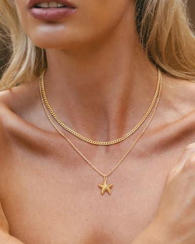 Shell Starfish Charm for Women, Dainty Layered 14K Gold Plated Seashell Conch Starfish Pearl Pendant Necklace for Women Stack Trendy Beach Cuban Link CZ Chain Necklace Summer Vacation Jewelry - color: 3PCS / Starfish & CZ Chain & Cuban