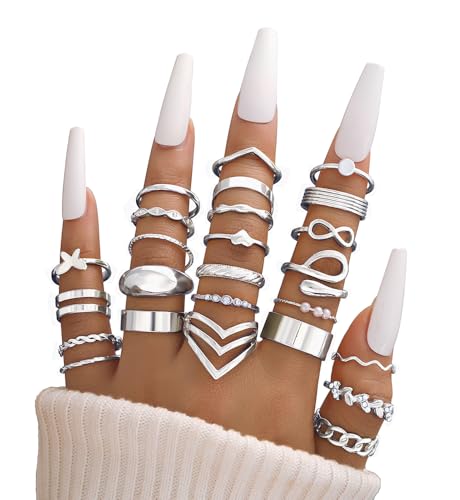 iF YOU 25 Pcs Gold Stackable Ring Set for Women, Chunky Knuckle Finger Midi Rings, Silver Simple Stacking Cute Rings Pack Trendy Stuff Jewelry Gift - style: 25 Silver chunky-size 4-8.5