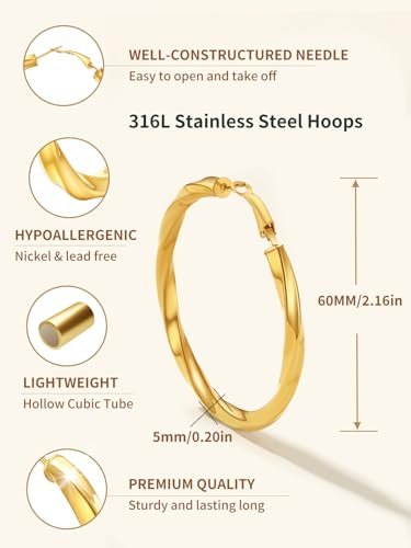FindChic Twisted Hoop Earrings for Women, Silver/Black/14K Gold Plated Hypoallergenic Hollow Tube Rounded Loop Earrings, 30mm/40mm/60mm/80mm Hoops with Custom Name Options and Gift Box - color: c.Gold, size: 60MM