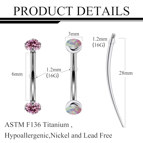 16g Rook Piercing Jewelry Titanium Internally Threaded Opal CZ Curved Barbell Eyebrow Tragus Helix Conch Lobe Labret Earrings Lip Rings Body Piercing Jewelry For Women Men 6mm 8mm 10mm - color: Pink Opal&CZ, size: 6mm