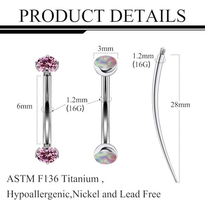 16g Rook Piercing Jewelry Titanium Internally Threaded Opal CZ Curved Barbell Eyebrow Tragus Helix Conch Lobe Labret Earrings Lip Rings Body Piercing Jewelry For Women Men 6mm 8mm 10mm - color: Pink Opal&CZ, size: 6mm
