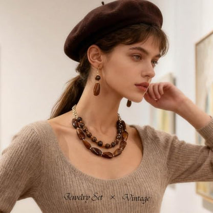 Layered Beaded Necklace and Earring Set Acrylic Beads Necklace Set Bohemian Chunky Jewelry Set for Women Beach - color: Brown