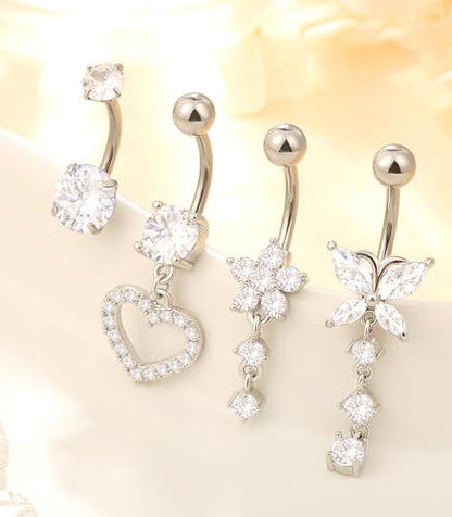 Leocuci Surgical Stainless Steel Dangle Belly Button Rings for Women Belly Ring Dangling Piercing Jewelry with Heart Flower Butterfly14G - color: silver