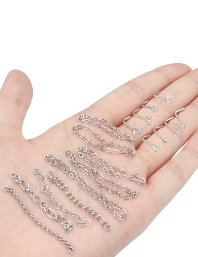 20/18G Nose Rings Chain Across Nose Piercings for Women Men Surgical Steel Double Chains Corkscrew l Shaped Bar - size: L Shape, 20g(0.8mm)