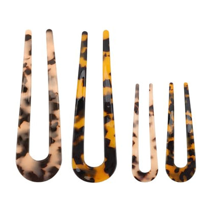 4 PCS French Tortoise Shell Hair Pins for Women | 4.1 & 5 Inch 2 Sizes Lightweight U Shaped Hair Forks for Thick Fine Hair, Acetic Hairpin for Updos, Buns & Twist Hairstyles