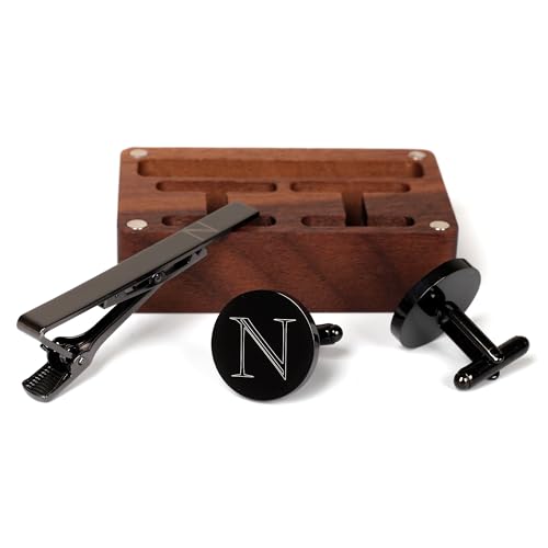 Mens Initial Cufflinks and Tie Clip A-Z Alphabet Letter Black Stainless Cuff Links Tie Bar with Engraved Walnut Wood Box Groom Groomsman Wedding Set - style: Classic-N