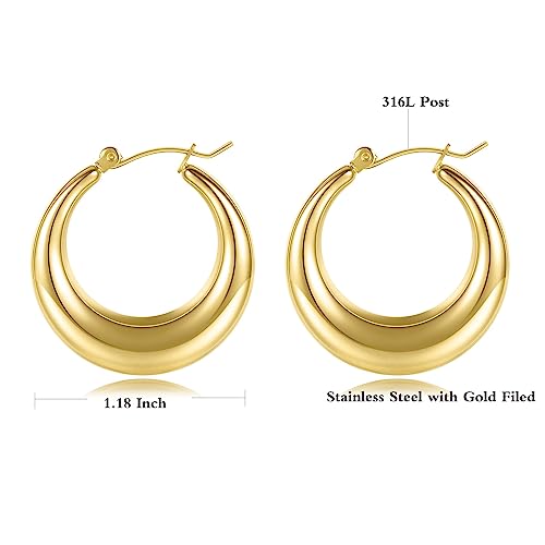 316L Chunky Stainless Steel Hoop Earrings, Fashionable Lightweight Hollow Open Hoops, Hypoallergenic Whtie Gold Plated Pipe Earrings for Women - style: 30mm, Yellow Gold