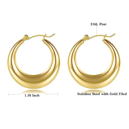 316L Chunky Stainless Steel Hoop Earrings, Fashionable Lightweight Hollow Open Hoops, Hypoallergenic Whtie Gold Plated Pipe Earrings for Women - style: 30mm, Yellow Gold