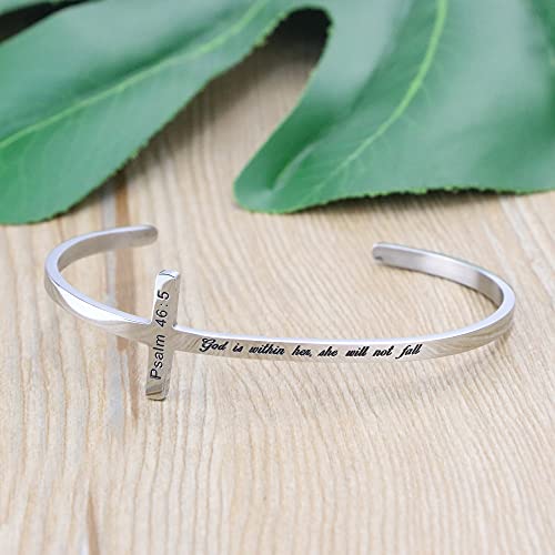 Memgift 𝐂𝐫𝐨𝐬𝐬 𝐁𝐫𝐚𝐜𝐞𝐥𝐞𝐭 Religious Cuff Bangle 𝐁𝐢𝐛𝐥𝐞 𝐕𝐞𝐫𝐬𝐞 Christian Gifts Jewelry for 𝐖𝐨𝐦𝐞𝐧 - style: Silver cuff-God is within her, she will not fall -Psalm 46:5