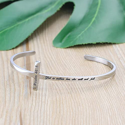 Memgift 𝐂𝐫𝐨𝐬𝐬 𝐁𝐫𝐚𝐜𝐞𝐥𝐞𝐭 Religious Cuff Bangle 𝐁𝐢𝐛𝐥𝐞 𝐕𝐞𝐫𝐬𝐞 Christian Gifts Jewelry for 𝐖𝐨𝐦𝐞𝐧 - style: Silver cuff-God is within her, she will not fall -Psalm 46:5