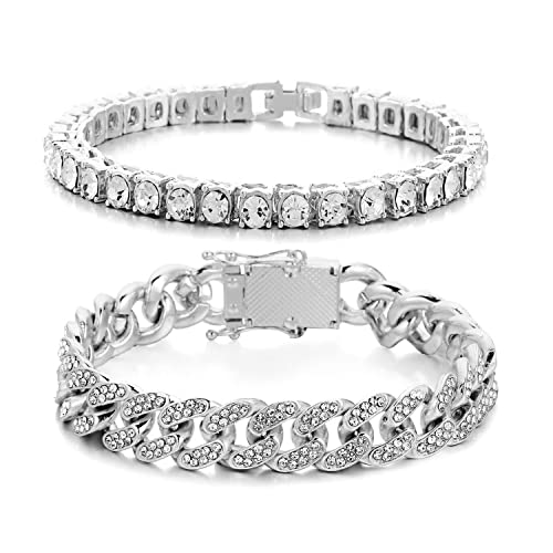 HH BLING EMPIRE 14K Gold and Silver Bracelets Diamond Tennis and Cuban Link Bracelet for Men Women Hip Hop Jewelry - color: Set A-Silver, size: 8.5"