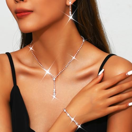Bride Silver Bridal Necklace Earrings Set Crystal Wedding Jewelry Set Rhinestone Choker Necklace for Women and Brides - color: E Rose Gold
