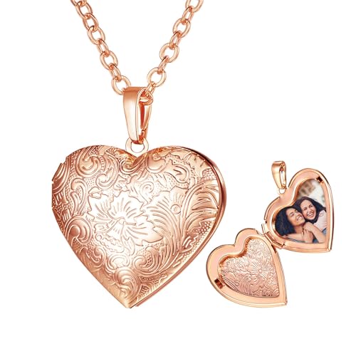 U7 Custom Photo Locket Necklace - Oval & Heart Shaped Locket - Gold/Silver/Rose Gold Personalized Image Necklaces for Women - color: 02-Rose Gold Flower Heart, style: c. locket+photo+text