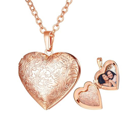 U7 Custom Photo Locket Necklace - Oval & Heart Shaped Locket - Gold/Silver/Rose Gold Personalized Image Necklaces for Women - color: 02-Rose Gold Flower Heart, style: c. locket+photo+text