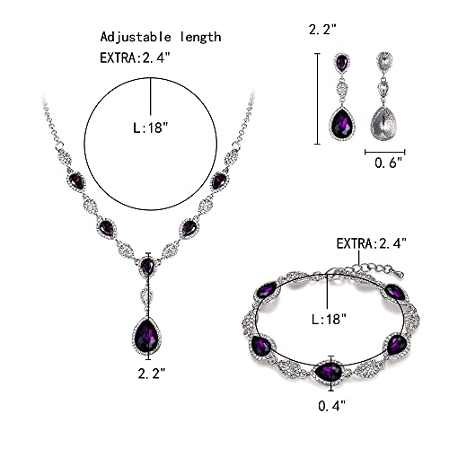 EleQueen Women's Wedding Bridal Jewelry Sets for Brides Bridesmaids, Cubic Zirconia Teardrop Necklace Tennis Bracelet Dangle Earrings Jewellery Set - color: 10-Amethyst Color Clear-Tone