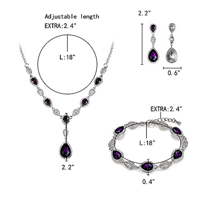 EleQueen Women's Wedding Bridal Jewelry Sets for Brides Bridesmaids, Cubic Zirconia Teardrop Necklace Tennis Bracelet Dangle Earrings Jewellery Set - color: 10-Amethyst Color Clear-Tone