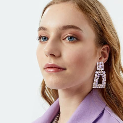 Flyonce Rectangle Clip-on Drop Earrings for Women, Sparkly Rhinestone Crystal Geometric Statement Non Pierced Earring Wedding Prom Party Jewelry for Brides Bridesmaid - color: Lavender Purple