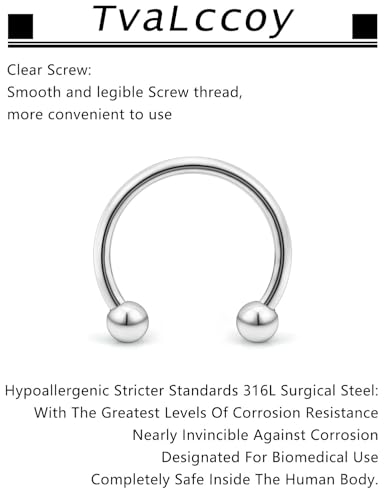 20/18/16/14G Horseshoe Septum Nose Lip Rings Smile Piercings 6/8/10/12/14/16mm Cartilage Helix Daith Earrings Surgical Steel Jewelry for Women Men - size: 18g*1/2in(12mm)