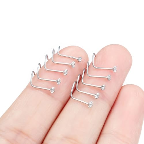 Hoeudjo Nose Studs Surgical Steel Cubic Zirconia Nose Rings Kit for Women Men Tiny Nose Stud Bone & Screw & L Shaped Nostril Piercing Jewelry 24/22/20/18 Gauge 10 Pieces - color: silver-tone,screw nose studs, size: 24g/1.5mm clear CZ