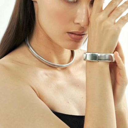 Gold Chunky Stretch Snake Chain Bangle Bracelets Stack for Women Trendy, 18K Gold Filled Stainless Steel Stretchy Womens Stackable Wristband Bangles Bracelet Set - style: 1PC SILVER 16MM