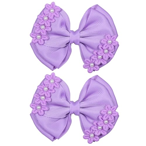 Purple Bows for Girls,2Pcs 4" Handmade Grosgrain Ribbon Hair Bows Pearl Flower Alligator Clips Fall Halloween Holiday Hair Accessory for Little Teen Toddler Girls Kids Women Gift - color: Purple