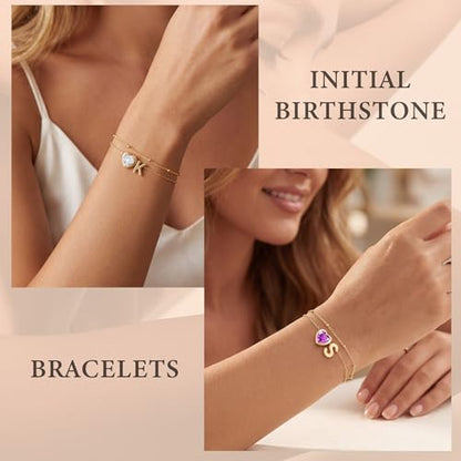 14K Gold Plated Heart Initial Birthstone Gold Bracelets for Women | Dainty Heart Letter A-Z Charm Layered Bracelets Birthday Trendy Jewelry Gifts for Women - color: A