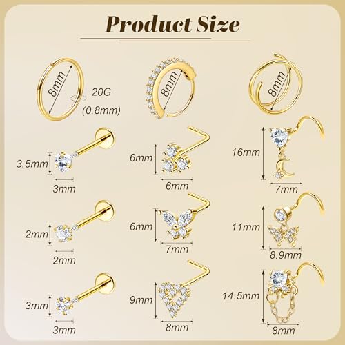 REVOLIA 12Pcs 20G Nose Ring Set 316L Stainless Steel Nose Rings Hoop for Women CZ L Shaped Studs Dangle Heart Butterfly Screw Nose Studs Cute Threadless Flat Back Nose Piercings Jewelry - color: Gold